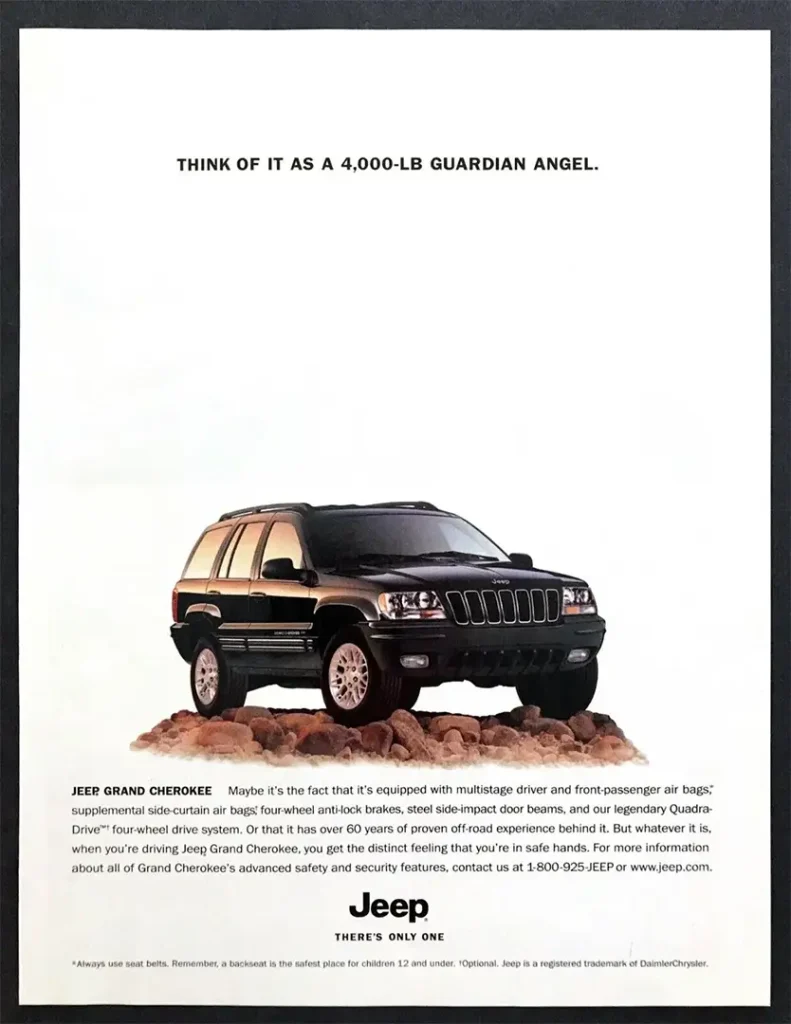 Pubblicità di Jeep Grand Cherokee con testo Consideralo come un angelo custode da 4000 libbre